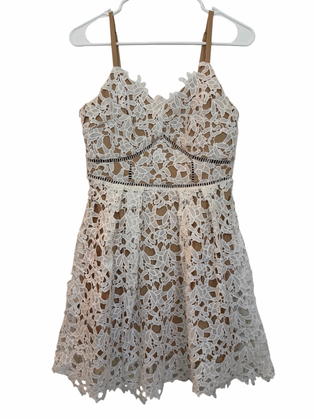 She + Sky Dress S White Floral Crochet Lace Overlay V Neck Spaghetti Strap Flare